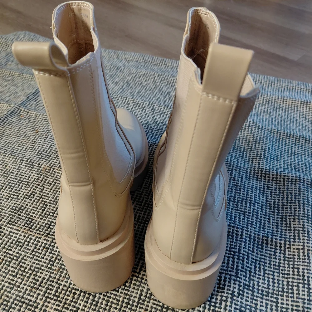 Zara Platform Chunky Mid-Calf Boots 40 Cream/Beige Chelsea Combat Vegan Leather - Picture 3 of 6